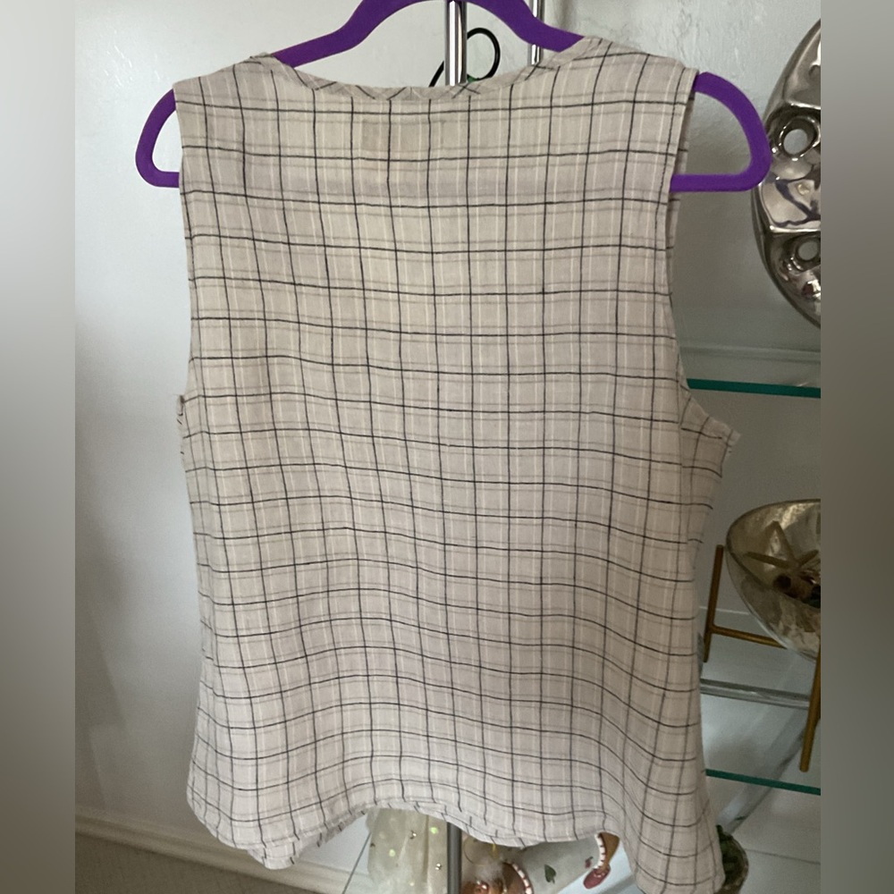 Flax Cream Plaid Linen Sleeveless Top - Picture 3 of 3